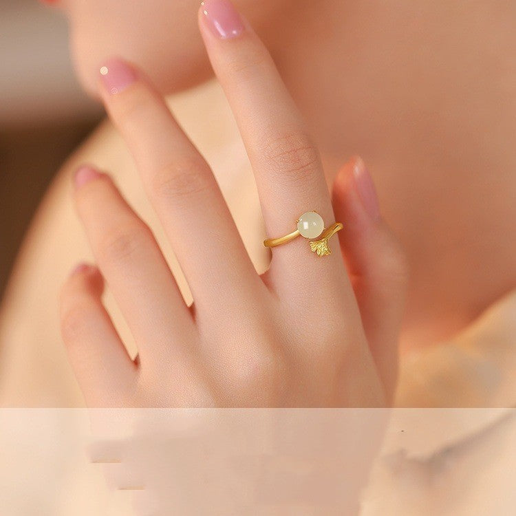 Adjustable S925 Silver Ring With Ginkgo Leaf Design Electroplated Finish 2mm Band For Women Jewelry For Daily Wear