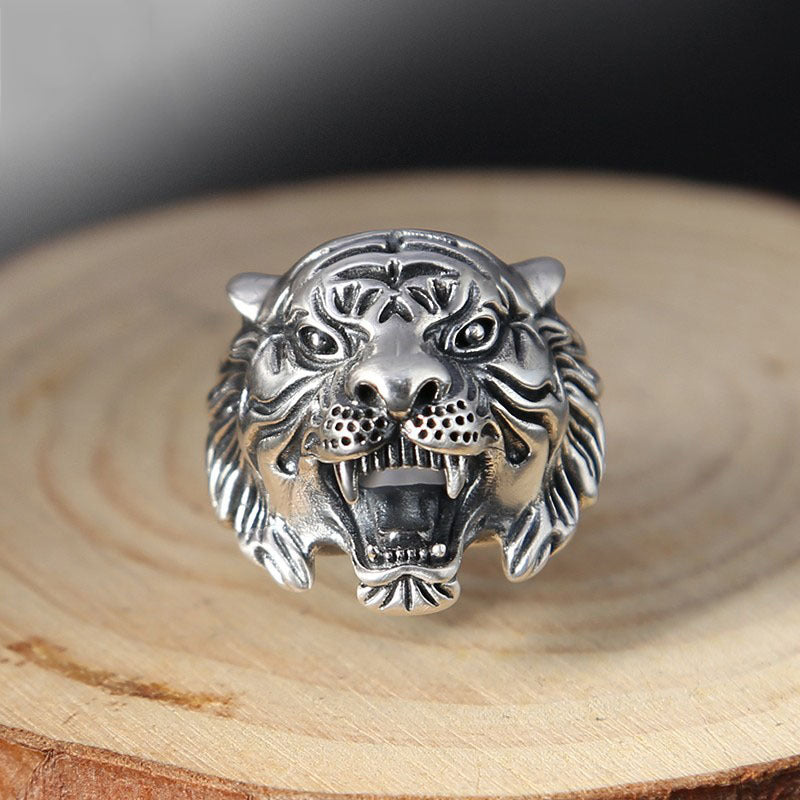 Adjustable Tiger Ring Vintage Animal Zodiac Copper Electroplated Retro Opening Ring Thai Silver Face Width24mm