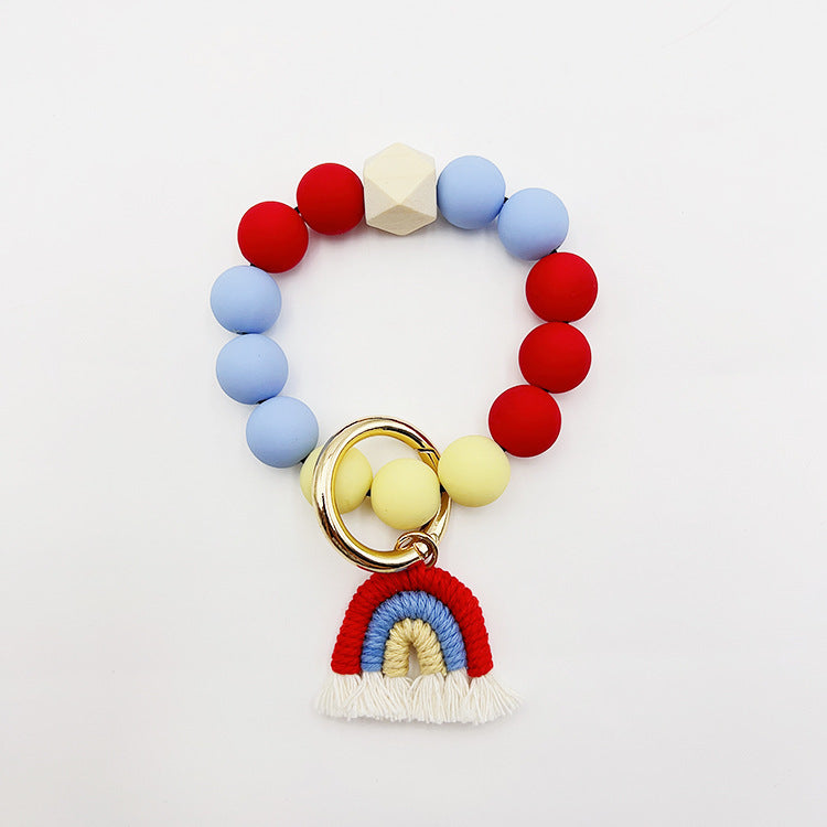 Beaded Bracelet Keychain Handmade Acrylic With Rainbow Tassel And Candy Color Beads European Style Fashionable