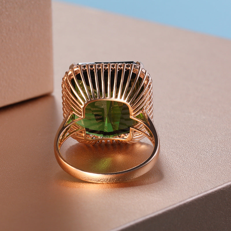 Emerald Green Tourmaline Simulated Ring For Women Copper Mosaic Gold Plated Jewelry Gentle Fit Ring For Ladies