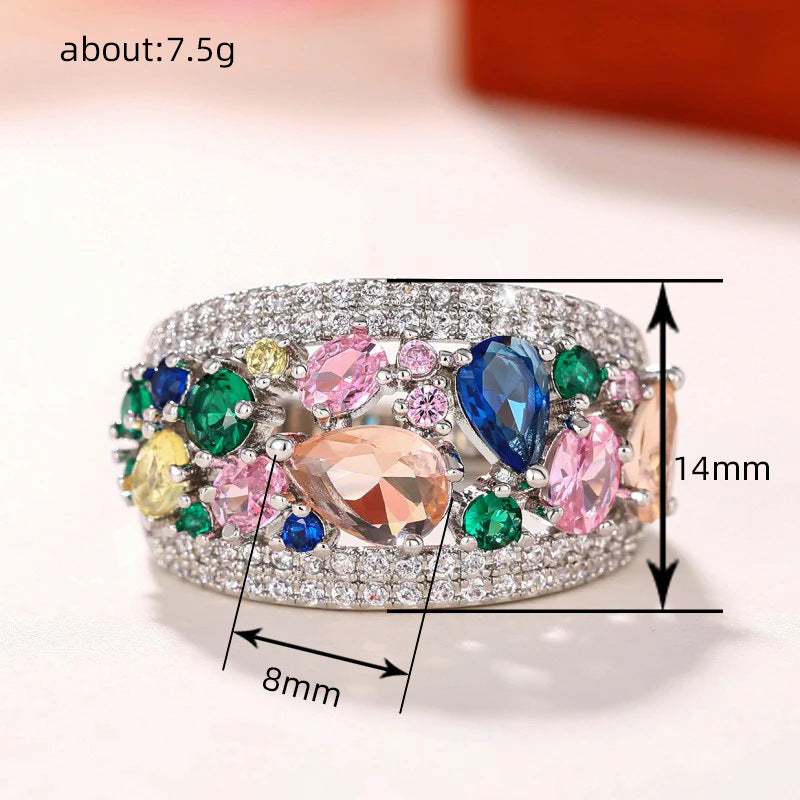 Women Rainbow Water Drop Ring Inlaid Zircon Copper Geometric Elegant Statement Jewelry For Daily Wear Sparkle Finish