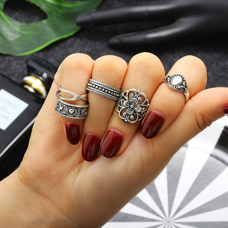 Womens Vintage Ring Set 5 Piece Alloy Hollow Carved Pattern Geometric Design And Electroplated Finish Gold Hue