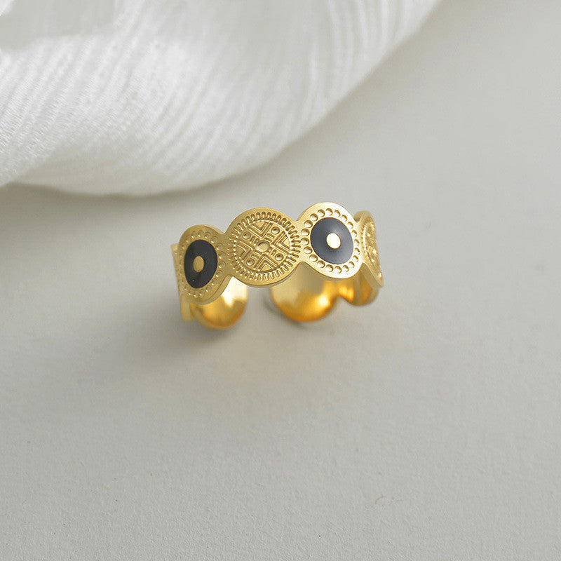 Round Totem Titanium Steel Adjustable Ring Vintage Geometric Style Womens Fashion Accessory Modern Retro Looks