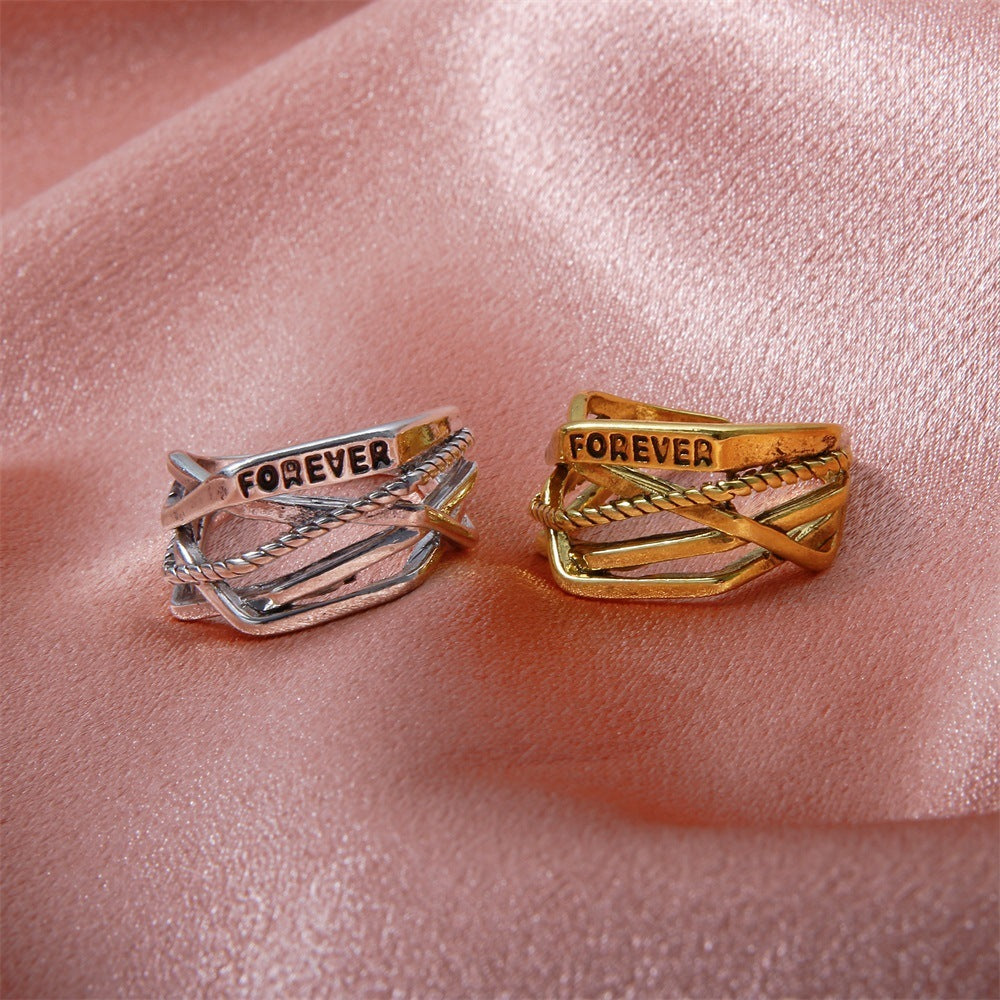 Womens Retro Rings Multilayer Irregular Weave Round Bead Alloy Geometric Metal Rings Electroplated Ancient Gold