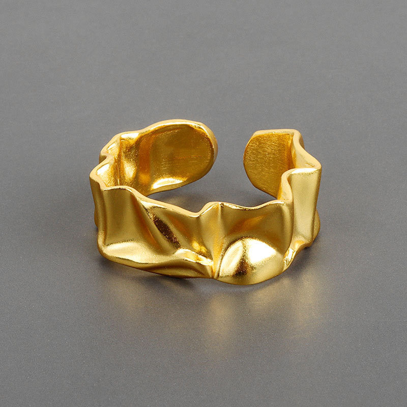 Womens Adjustable Copper Ring Geometric Design Irregular Fold Texture Electroplated Gold Finish Fashion Design
