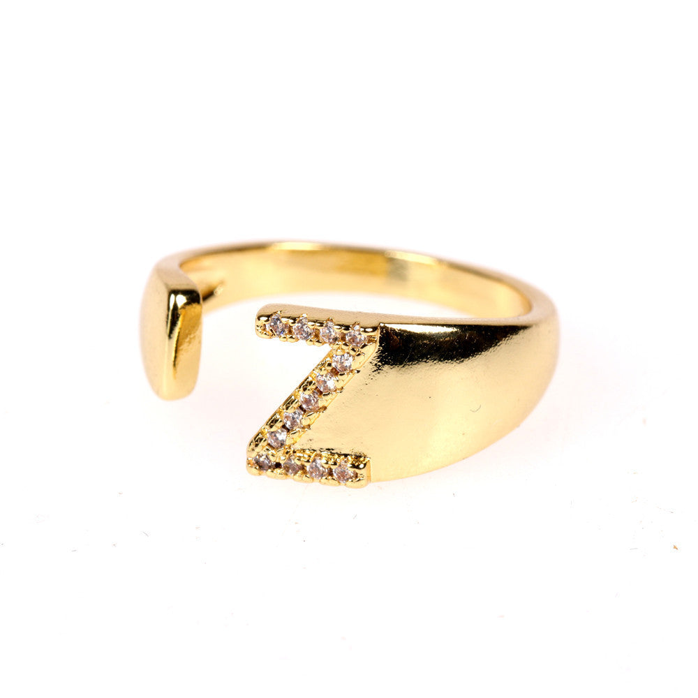 Women Initial Letter Ring Adjustable Gold Plated Diamond Accent Personalized Alphabetical Jewelry Gift For Her