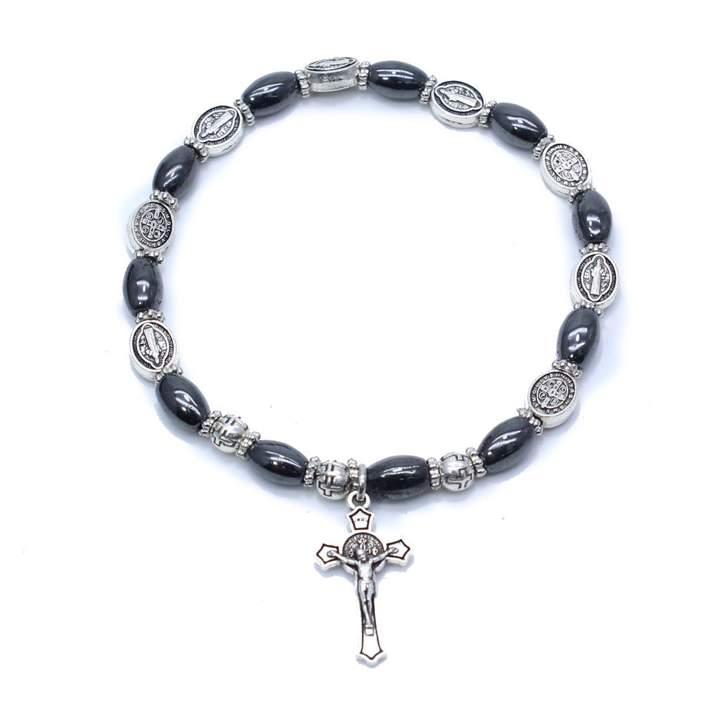 Unisex Obsidian Beaded Bracelet Religious Totem Jewelry Saint Benedict Holy Grail Virgin Holy Father Cross Charm 6mm
