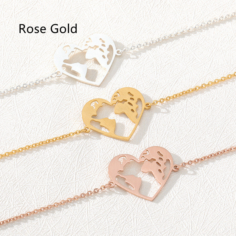 Womens Heart Shaped World Map Pendant Bracelet Stainless Steel Adjustable Chain Heart Fashion Jewelry Gift For