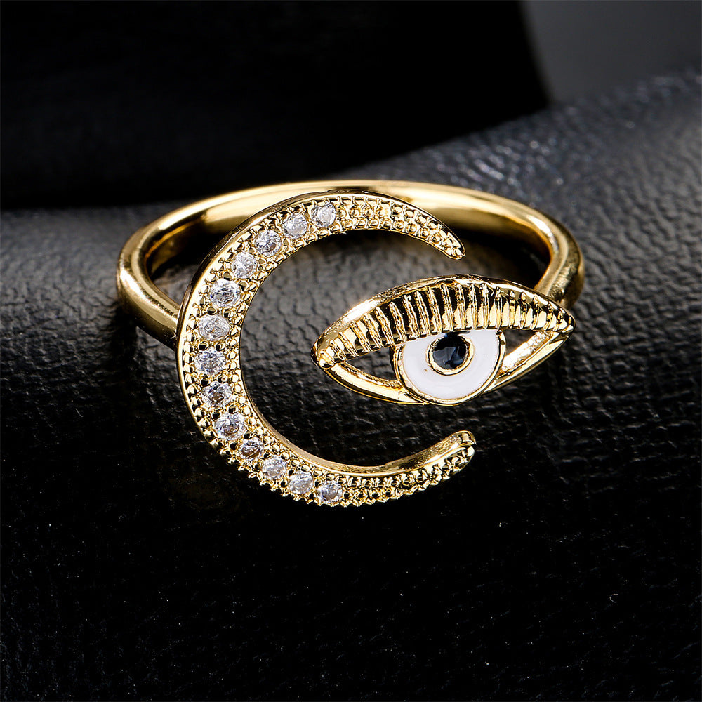 Copper Plated Gold Zircon Ring Moon Design Adjustable Open End Elegant Statement Jewelry Gift For Elegant Look