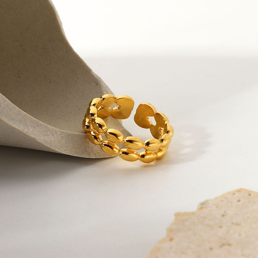 18K Gold Plated Double Layer Oval Bean Ring Stainless Steel Adjustable Fashion Jewelry For Everyday Wear Daily Use