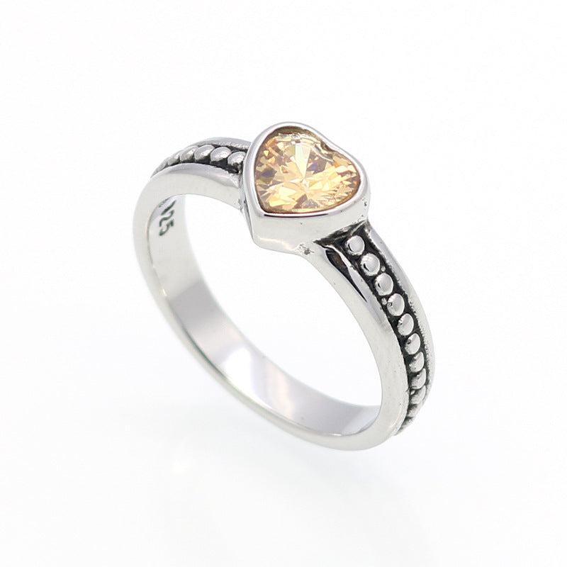 Stainless Steel Heart Shaped Ring Zircon In Vintage European American Style Unisex Jewelry Gleams Shines Stone