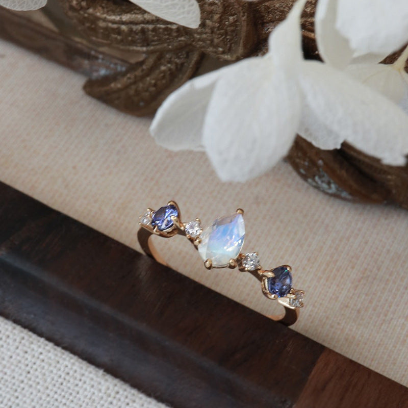 Adjustable Water Drop Ring With Moonstone And Tanzanite Accent Geometric Copper Opening Jewelry Fashion Copper