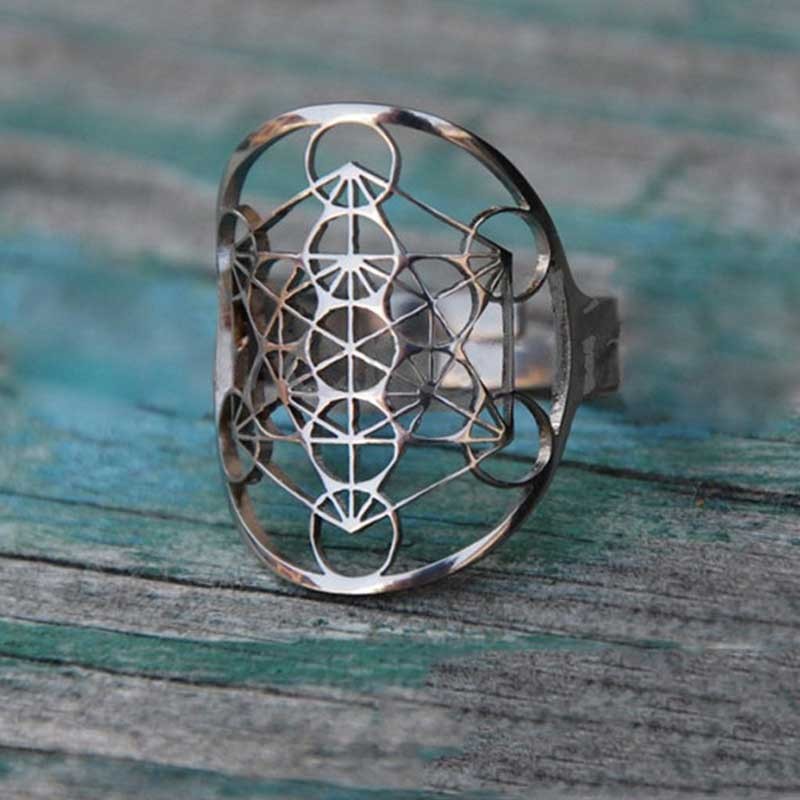 Adjustable Stainless Steel Ring Sacred Geometry Hollow Cube