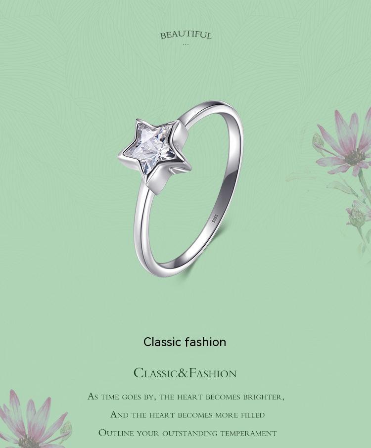 Womens Sterling Silver Ring With Star Design And Zircon Inlay Engagement Ring Jewelry Gift For Her Five Point Star
