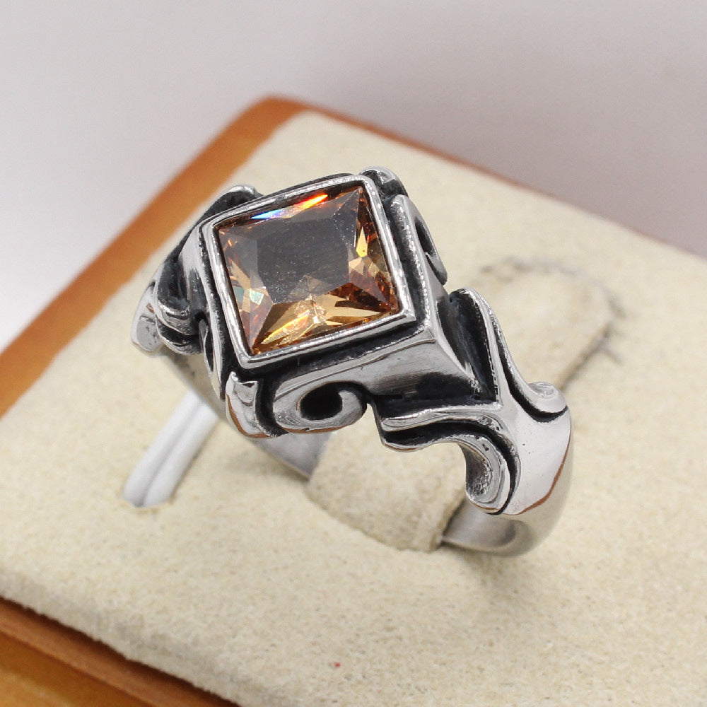 Titanium Steel Ring With Red Stone Retro Gem Accents