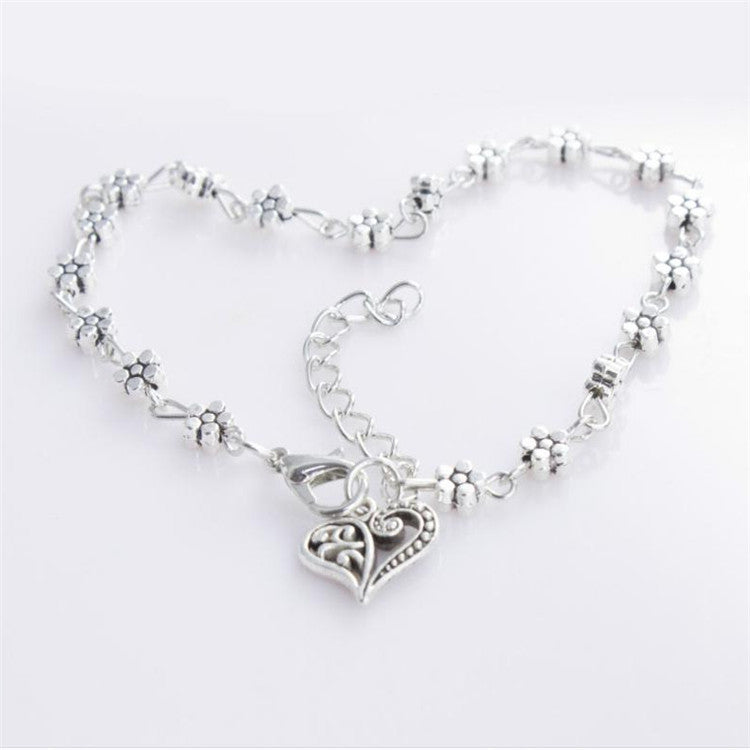 Alloy Anklet With Plum Blossom Heart Charms European Geometric Foot Chain For Beach Wear With Adjustable Chain