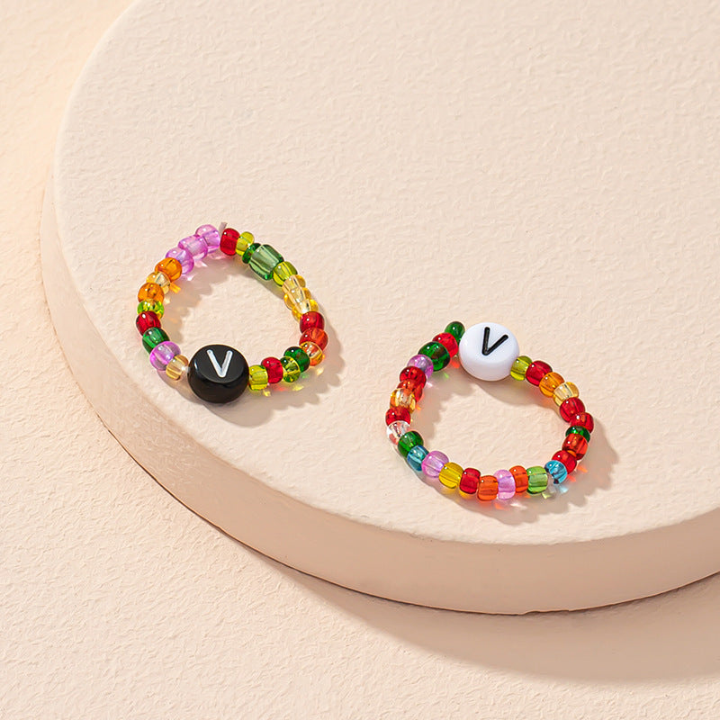 Beaded Letter Initial Ring For Ladies And Men Resin Alphabet Trendy Korean Geometric Ethnic Retro Jewelry Gift