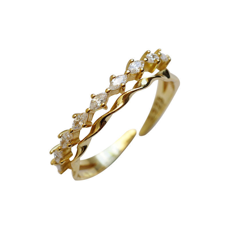 Sterling Silver Ring With Double Zircon Korean Geometric Design Electroplated 925 Silver Gem Ring For Her Women