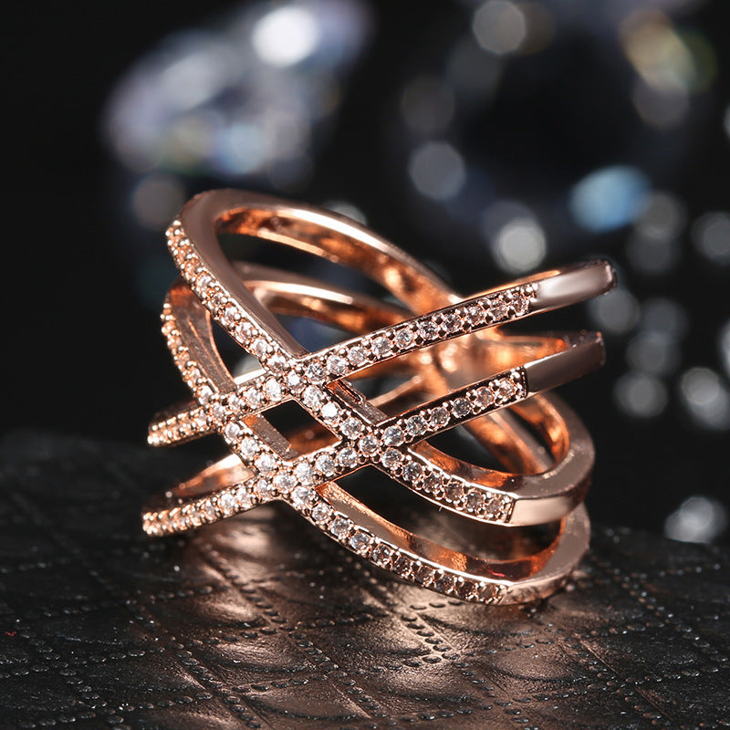 Zircon Inlaid Double Cross Ring Copper Gold Plated Womens Fashion Jewelry Elegant Statement Ring For Her Gleam