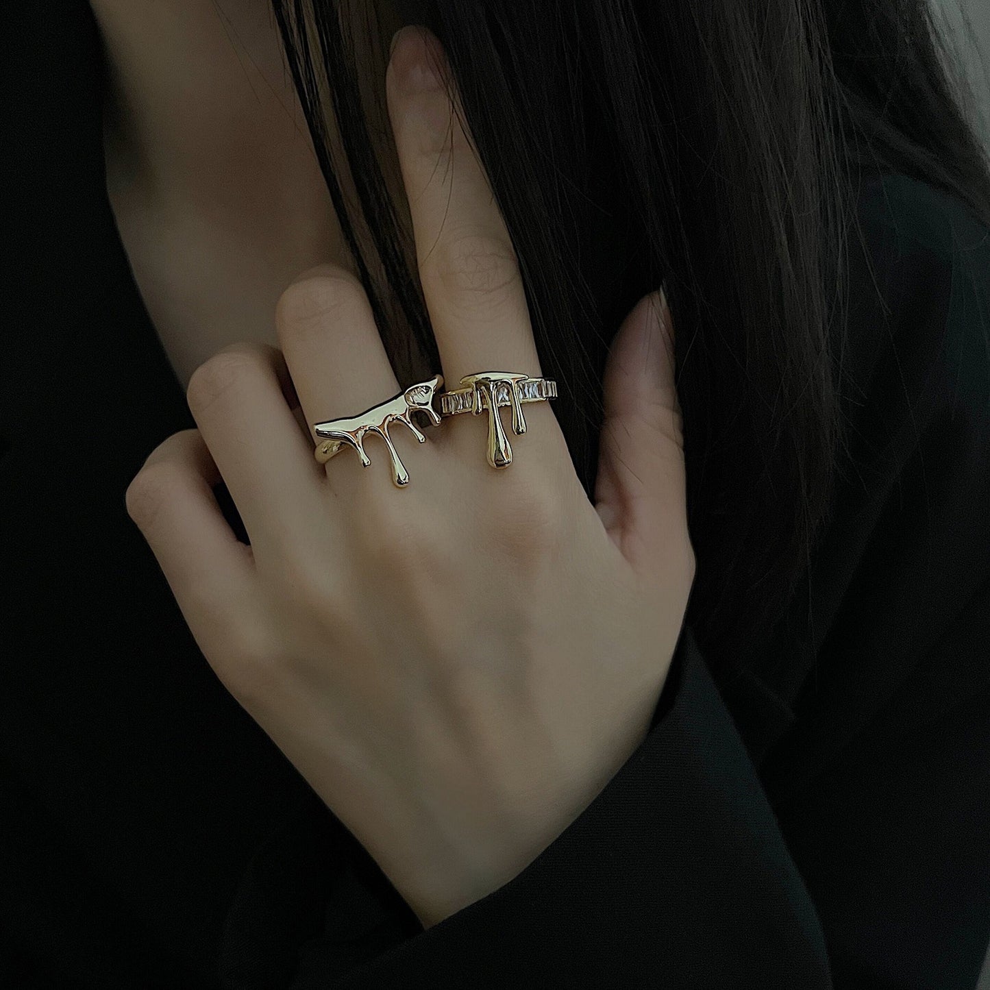 Adjustable Copper Water Drop Ring with Gemstone Inlays