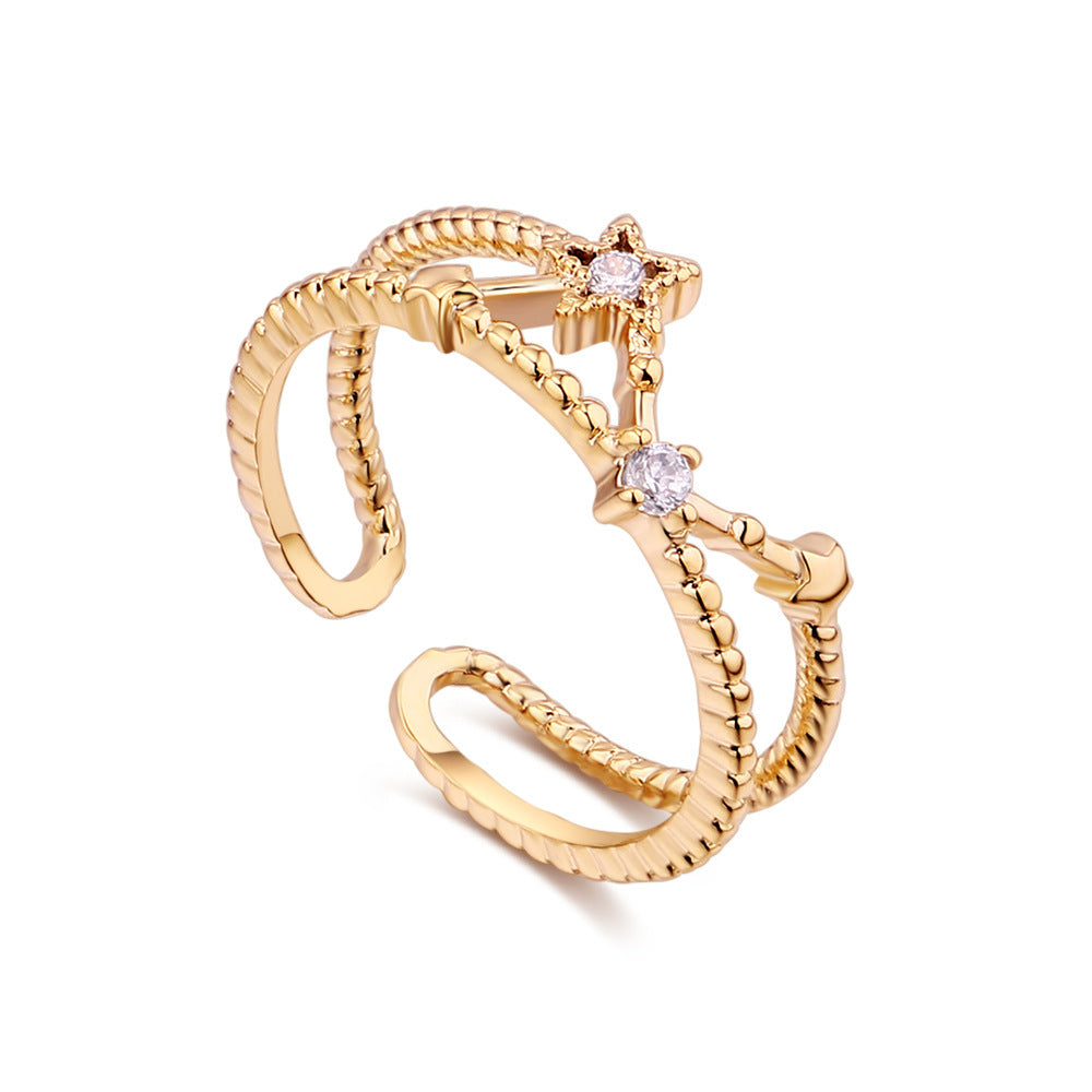 Adjustable Copper Ring With Zircon Inlaid Five Pointed Star Hollow Design Gold Plated Womens Fashion Accessory