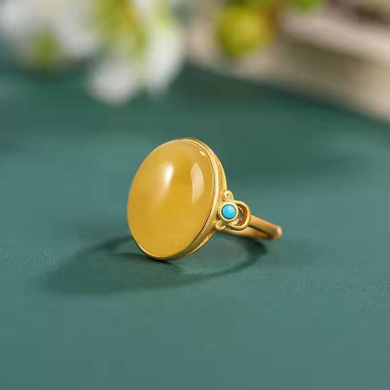 Beeswax Amber Ring Bowknot Design Silver Plated Ancient Gold Finish Brass And White Steel Women Adjustable Fit