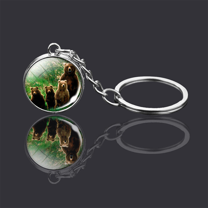 Animal Key Chain Double Sided Glass Ball Pendant Metal Key Ring Unisex Accessories Donkey Rabbit Giraffe Dolphin Fox