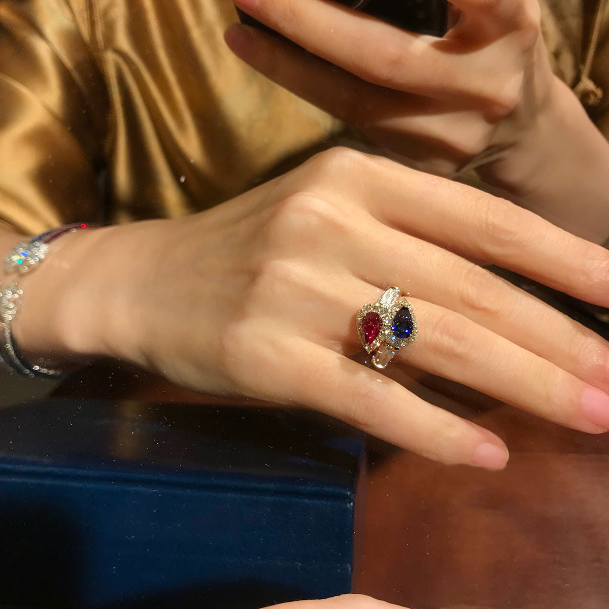 Womens Two Tone Ring Adjustable Opening Diamond Accent Copper Drop Shaped Ring For Women Fashion Jewelry Style