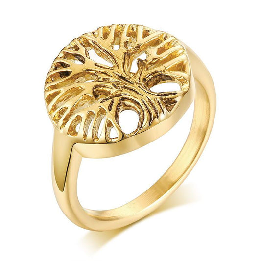 Womens Stainless Steel Tree Of Life Ring Engravable Golden For Anniversary Engagement Gift Jewelry Size 6 7 8 US