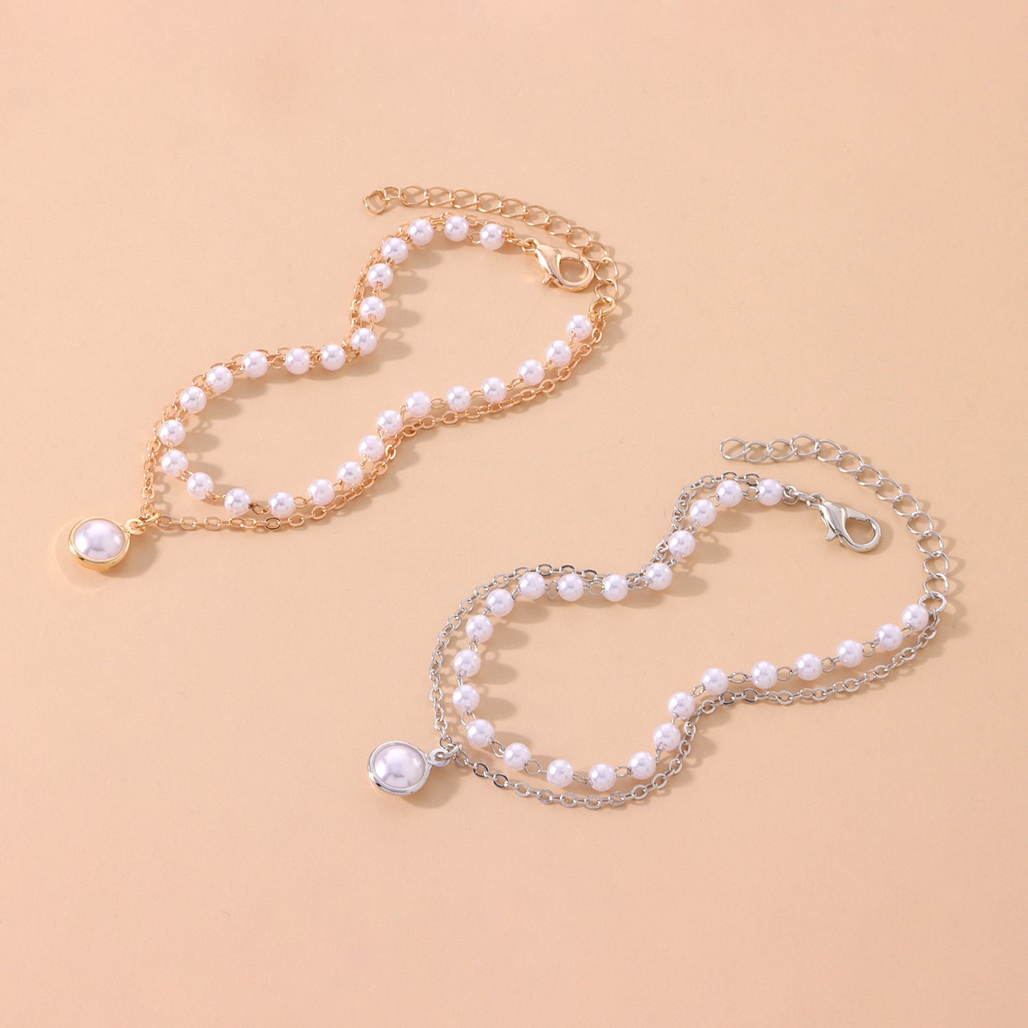 Womens Pearl Bracelet Double Layer Retro Alloy Drop Shape Korean Style Gift Accessory Elegant Everyday Wear Gift
