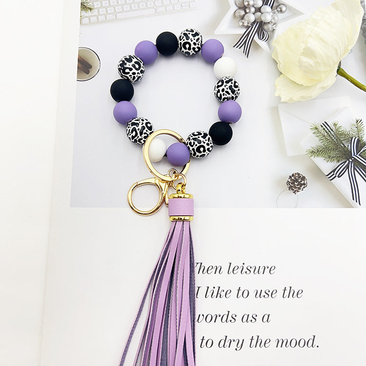 Wooden Bead Keychain Leopard Pattern White Background 21cm Length Round Beads For Pendants Bracelets Keychains