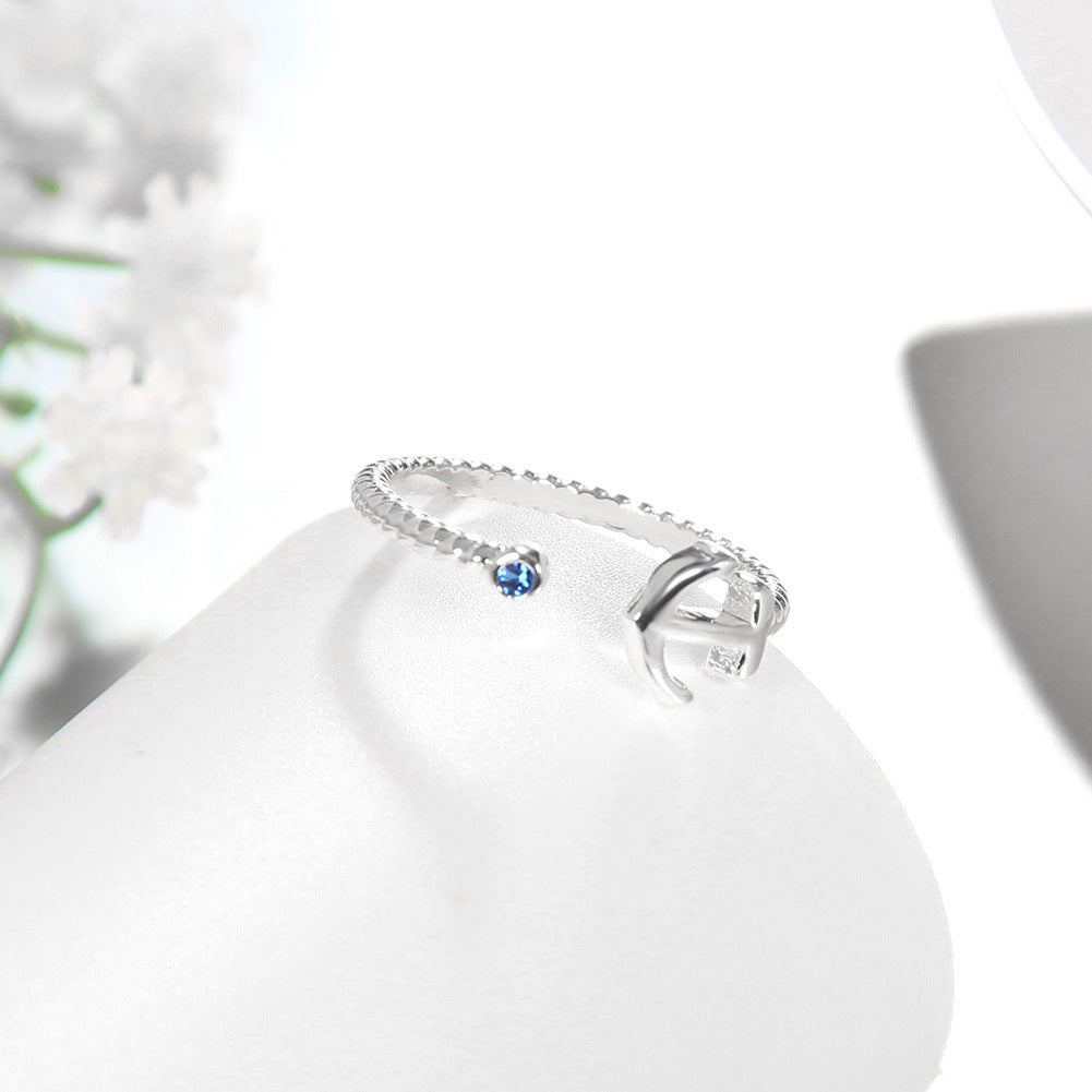 Adjustable Ring Sailor Anchor Copper Alloy Inlaid Gemstones Geometric Design Jewelry Fashion Ring Classic Look