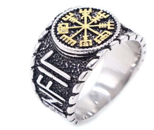 Asgard Crafted Handcrafted Stainless Steel Icelandic Stave And Runes Ring