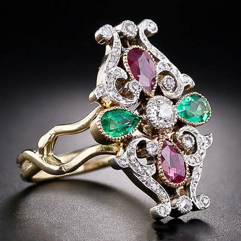 Womens Fashion Crown Ring Gold Alloy Staff Ring With Red And Green Zircon Geometric Two Tone Design Gift Women