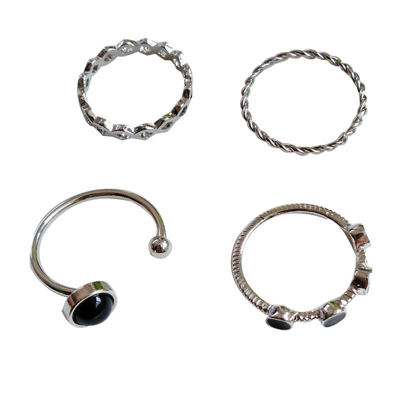 Unisex Alloy Ring Set Four Piece Geometric Rings With Drip Oil Finish Prismatic Ring Threaded Ring And Drop Oil Rings