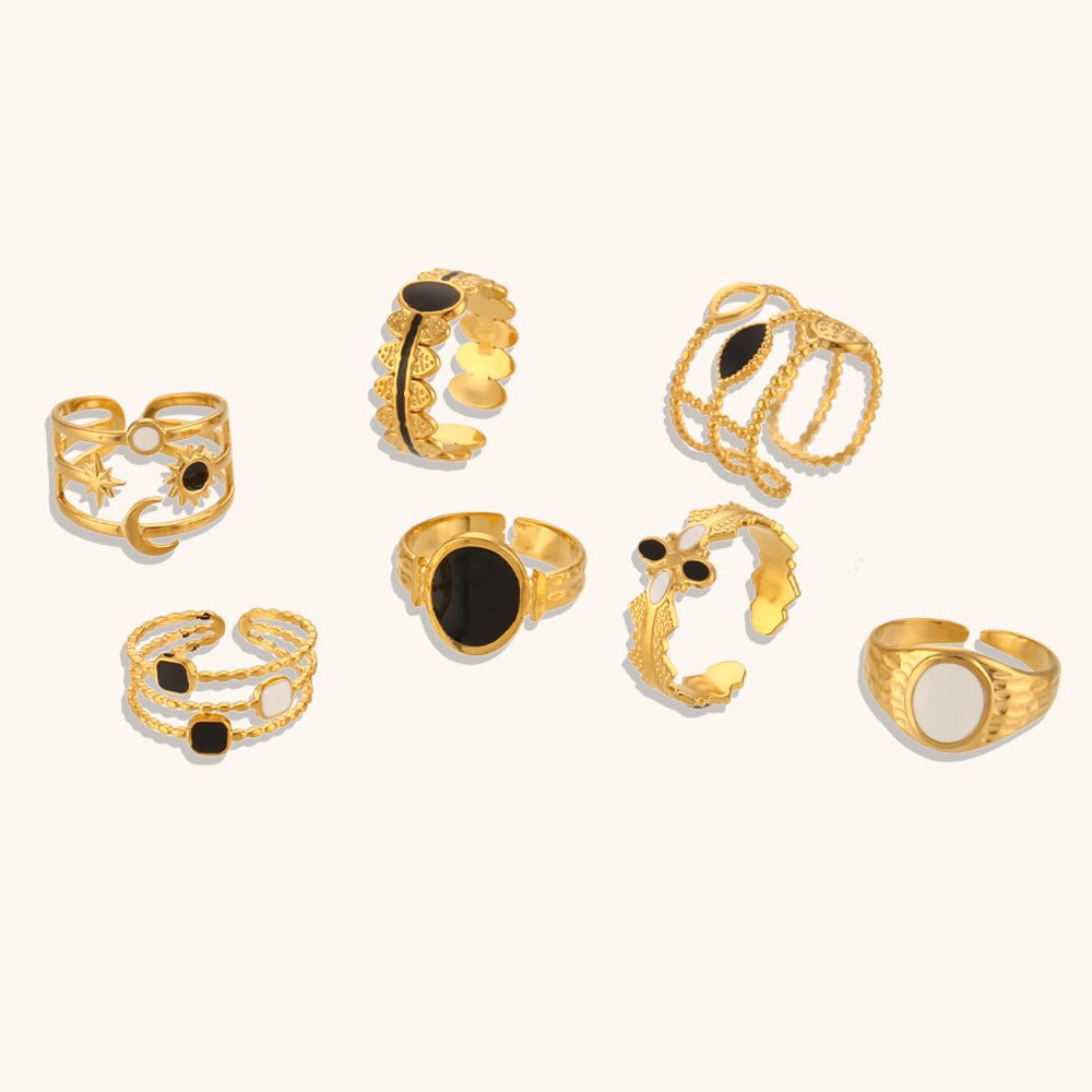 Womens Stainless Steel Ring Sun Moon Star Oil Drip Black White Waterproof Rustproof Hypoallergenic Durable Stylish