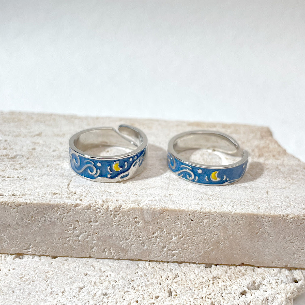 Adjustable Alloy Couple Ring Set With Blue Dripping Oil Finish Starry Sky Matching Rings For Him And Her Gifts