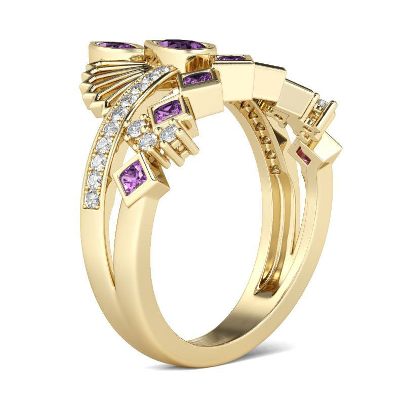 Gold Plated Purple Diamond Crown Ring For Women Inlaid Alloy Engagement Wedding Jewelry Sparkling Crown Ring For Her