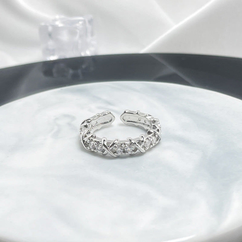 Adjustable Open Copper Ring Inlaid Zircon Letter X Cross Design Ring For Women Color Separation Zircon Accents