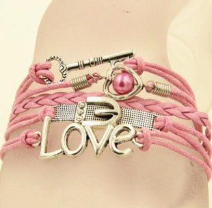 Vintage Braided Bracelet With Pearl Charm And Love Letter Pendant Multilayer Alloy Jewelry For Women Elegant Accessory