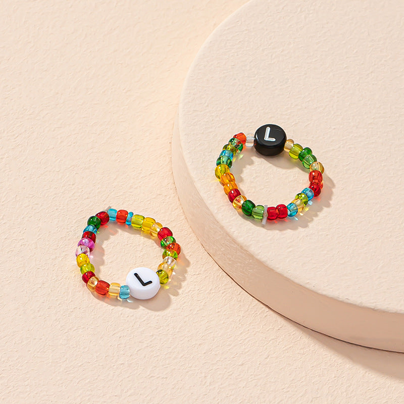 Beaded Letter Initial Ring For Ladies And Men Resin Alphabet Trendy Korean Geometric Ethnic Retro Jewelry Gift