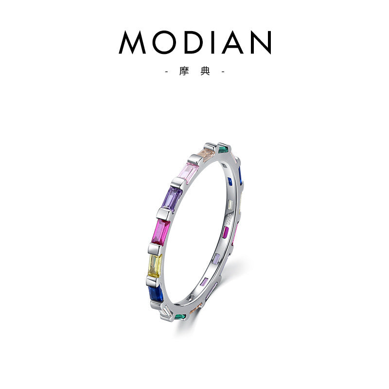 Womens Sterling Silver Ring With Geometric Zircon Rainbow Inlaid Stackable Quadrilateral Ring For Her Everyday