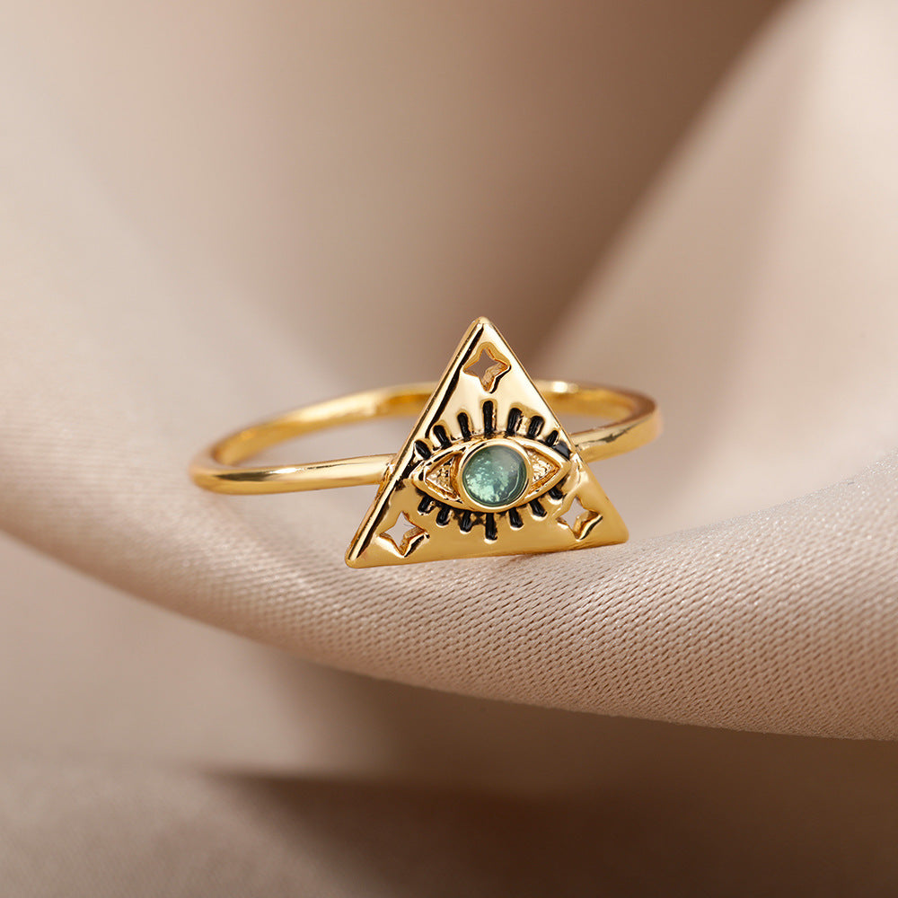 Womens Triangle Zircon Inlay Copper Ring With Electroplated Finish Fashion Jewelry Simple Elegant Ring Gold Tone