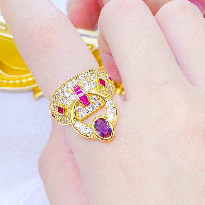 Adjustable Copper Ring With Diamond Zircon Geometric Ellipse Retro Style for Women Elegant Everyday Style Glow