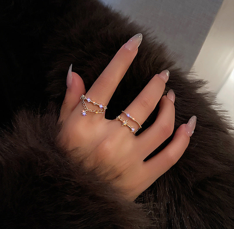 Adjustable Double Link Star Zircon Copper Ring In White Gold Meteor Design For Fashionable Women For Modern Style