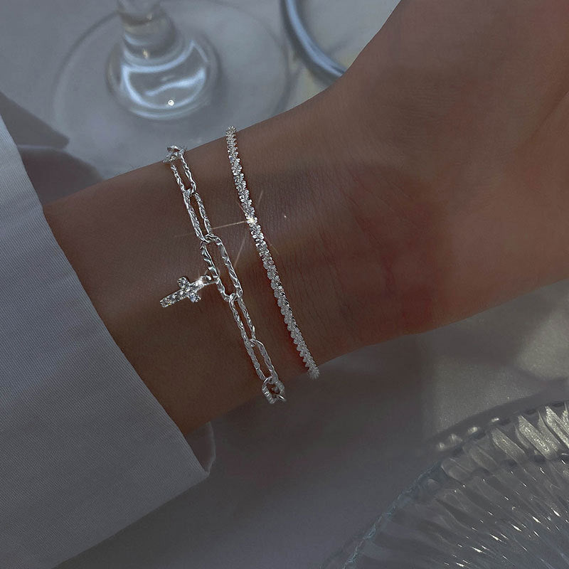 Womens Zircon Bracelet Set 2 Piece Alloy Jewelry Gift For Her Sparkling Accessory Collection Elegant Jewel Set