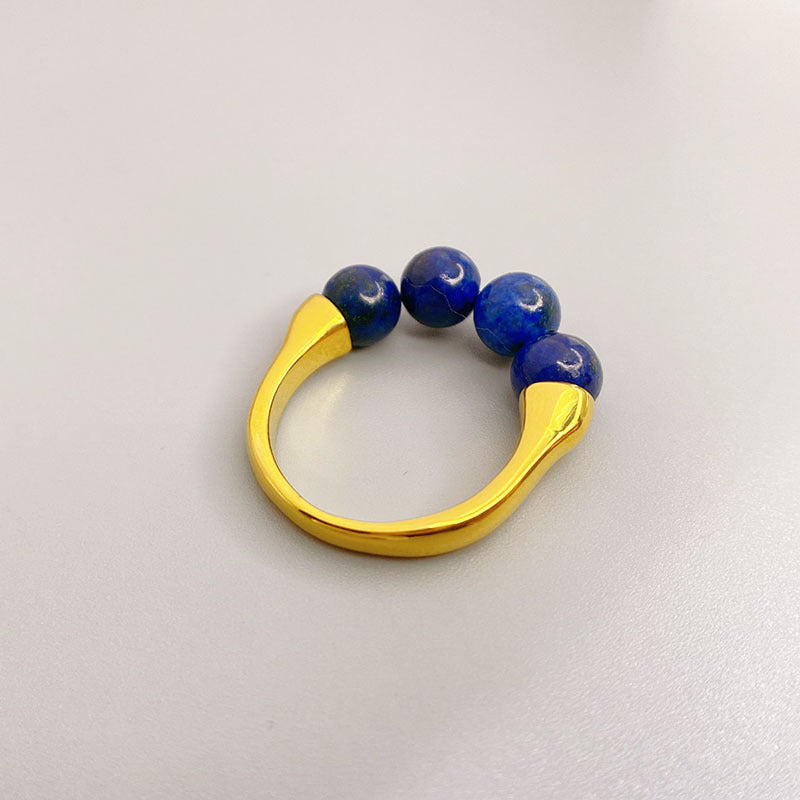 Copper Beaded Ring Geometric Retro Style With Blue Lapis Lazuli And Brown Tiger Eye Gemstones For Women Everyday Wear