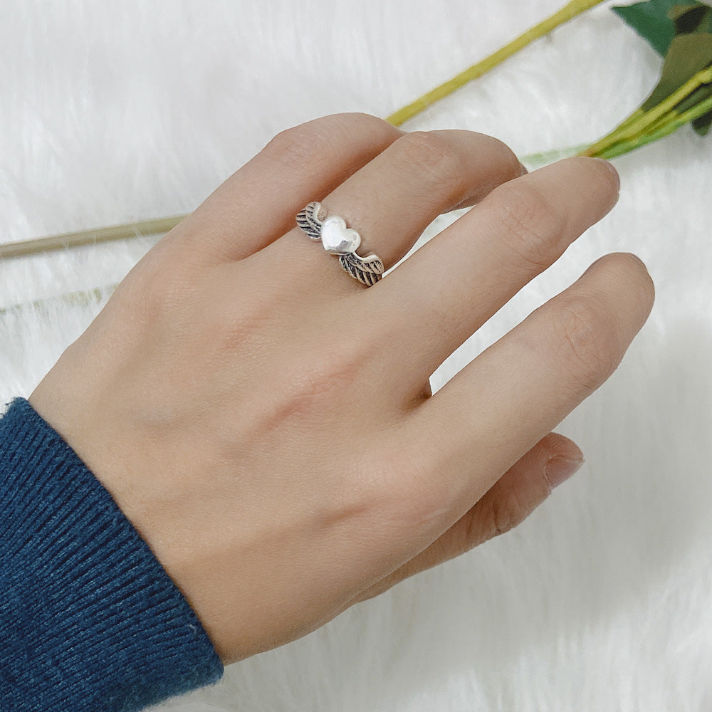 Unisex Heart Angel Wings Ring Adjustable OpeningSize Electroplated Alloy Geometric Ring Silver European Fashion