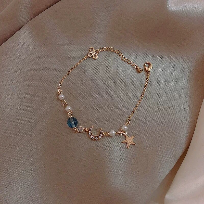 Womens Strawberry Star Moon Bracelet Gold Inlay Alloy Charm Pink Blue Chain 16cm 4cm Moon0.9cm Japanese Korean