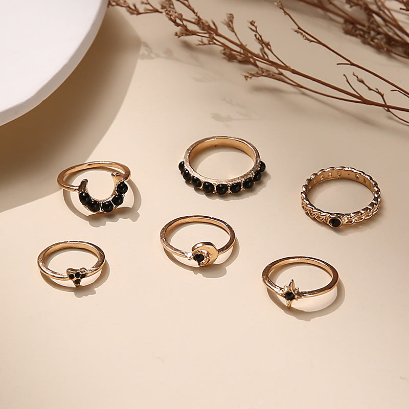 Womens Star And Moon Ring Set Six Piece Geometric Alloy Rings Electroplated Finish Stackable Jewelry Great Gift Idea